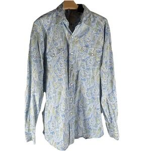 Men's Roper Large Blue Green Paisley Western‎ Snap Button Long Sleeve Shirt